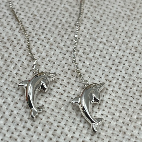 Vintage JCM Sterling Silver Dolphin Threader Earrings - Picture 2 of 14